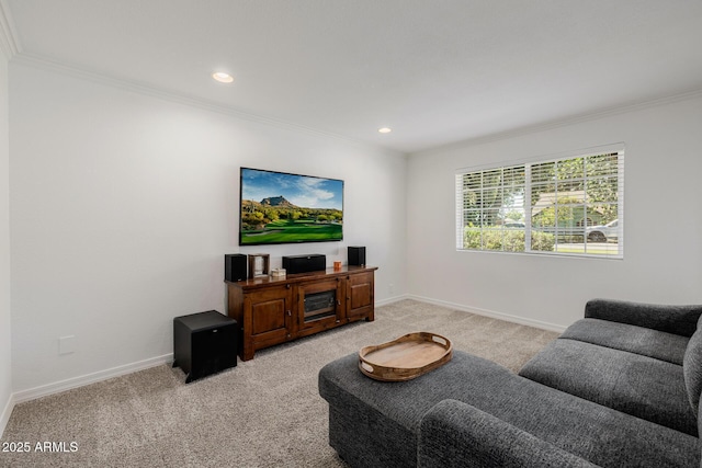 2350 E Melrose St, Gilbert, AZ 85297 - living room with ornamental molding, light carpet, baseboards, and recessed lighting