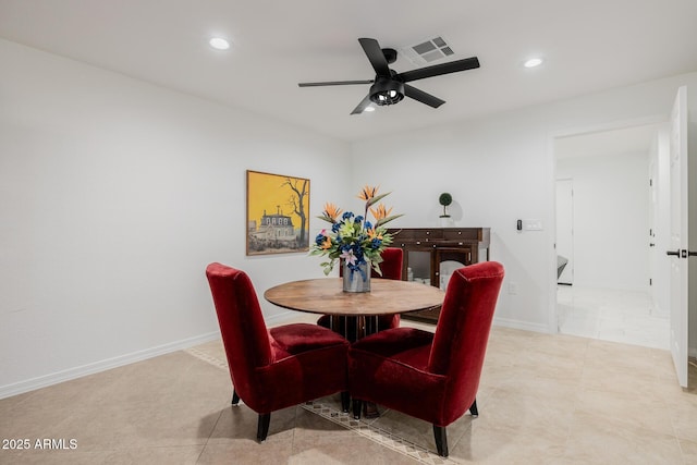 2350 E Melrose St, Gilbert, AZ 85297 - dining room with recessed lighting, ceiling fan, baseboards, and light tile patterned flooring