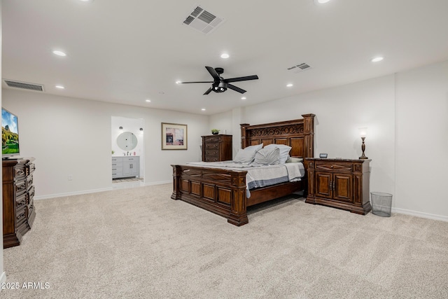 2350 E Melrose St, Gilbert, AZ 85297 - bedroom with light carpet, recessed lighting, baseboards, and ceiling fan
