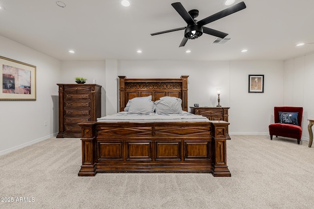 2350 E Melrose St, Gilbert, AZ 85297 - bedroom with light carpet, recessed lighting, baseboards, and ceiling fan