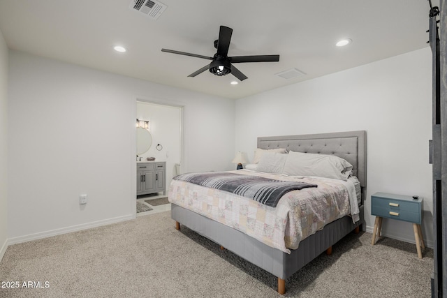 2350 E Melrose St, Gilbert, AZ 85297 - carpeted bedroom with recessed lighting, baseboards, a ceiling fan, and connected bathroom