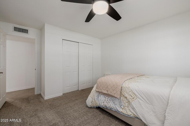 2350 E Melrose St, Gilbert, AZ 85297 - bedroom featuring a closet, carpet floors, ceiling fan, and baseboards