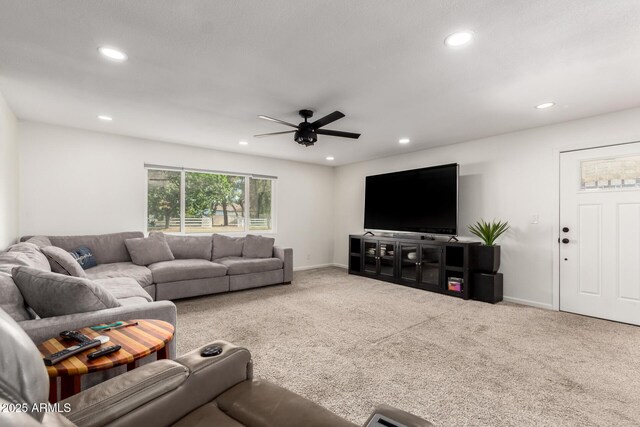 2350 E Melrose St, Gilbert, AZ 85297 - living room with recessed lighting, carpet floors, a ceiling fan, and baseboards
