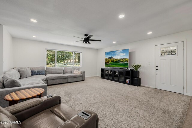 2350 E Melrose St, Gilbert, AZ 85297 - carpeted living room featuring recessed lighting, a ceiling fan, and baseboards