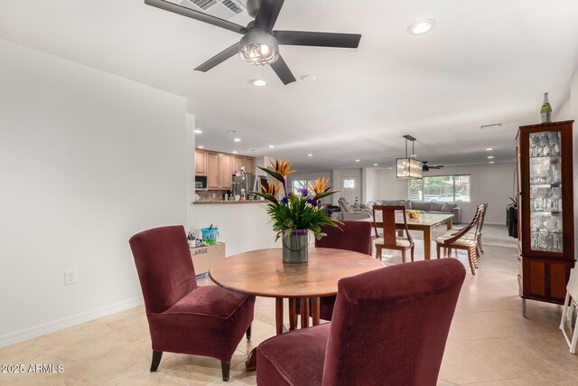 2350 E Melrose St, Gilbert, AZ 85297 - dining room with recessed lighting, a ceiling fan, light tile patterned flooring, and baseboards