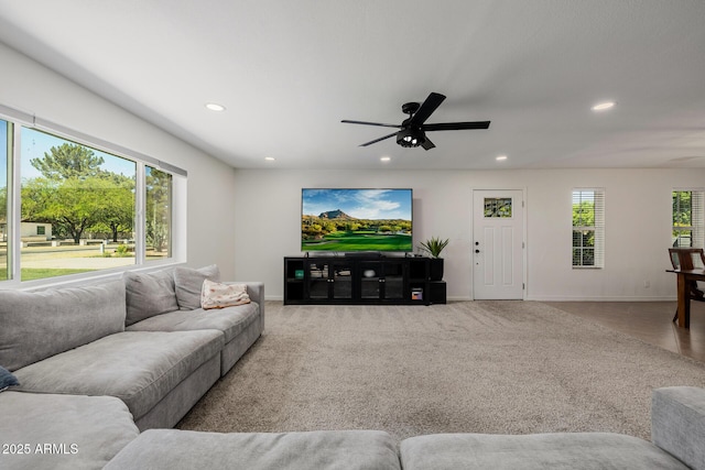 2350 E Melrose St, Gilbert, AZ 85297 - living area with recessed lighting, baseboards, ceiling fan, and carpet floors