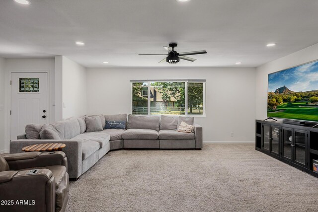 2350 E Melrose St, Gilbert, AZ 85297 - carpeted living room featuring recessed lighting, ceiling fan, and baseboards
