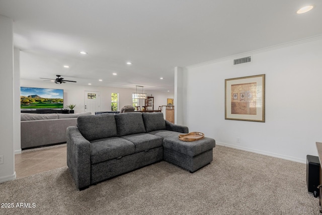 2350 E Melrose St, Gilbert, AZ 85297 - living room with recessed lighting, light carpet, ornamental molding, ceiling fan, and baseboards