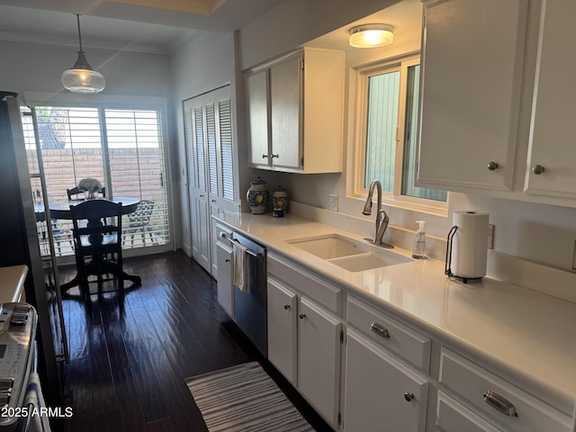 kitchen with a sink, crown molding, dark wood finished floors, light countertops, and stainless steel dishwasher