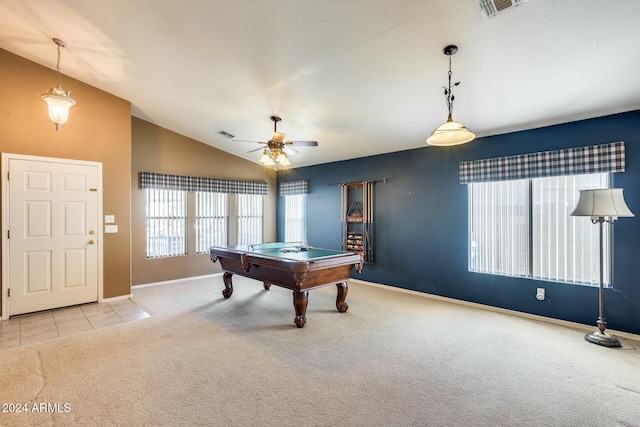 game room featuring ceiling fan, lofted ceiling, light carpet, and billiards