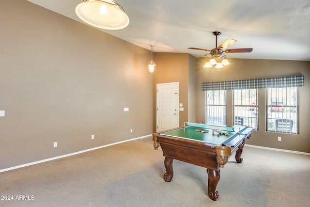 recreation room with carpet flooring, vaulted ceiling, ceiling fan, and pool table