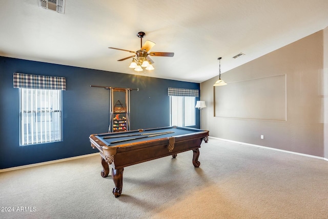 recreation room with billiards, lofted ceiling, carpet floors, and a wealth of natural light