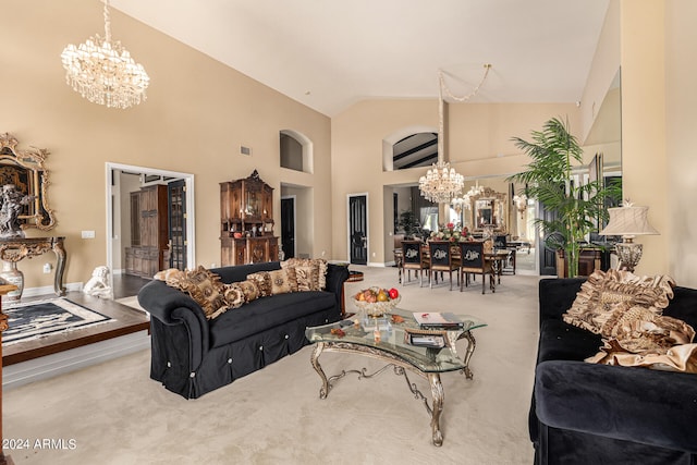 carpeted living room featuring high vaulted ceiling