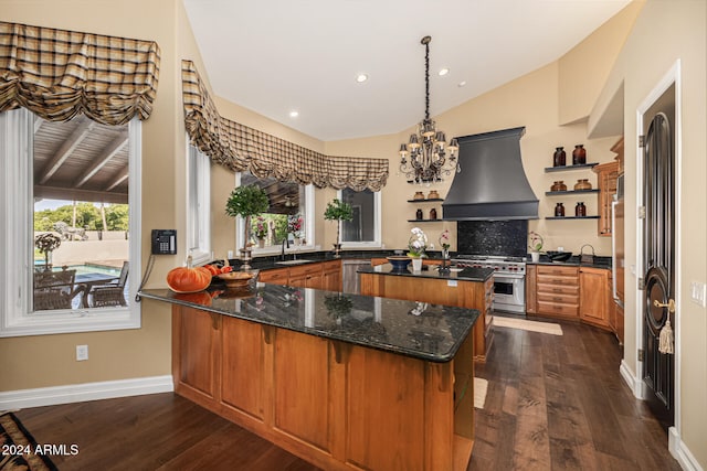 kitchen featuring custom exhaust hood, kitchen peninsula, appliances with stainless steel finishes, dark hardwood / wood-style floors, and vaulted ceiling