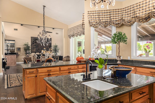 kitchen featuring lofted ceiling, plenty of natural light, sink, and dark hardwood / wood-style flooring