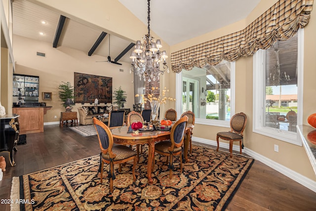 dining area featuring ceiling fan with notable chandelier, dark hardwood / wood-style floors, wood ceiling, and lofted ceiling with beams