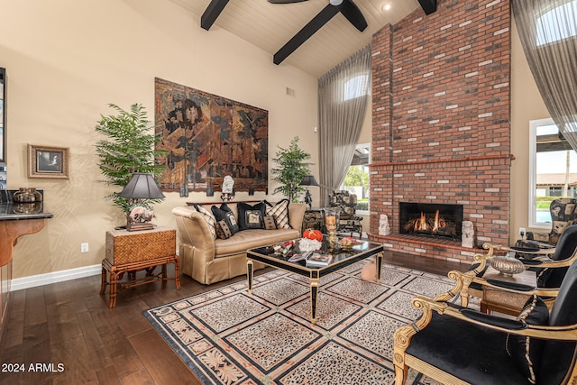 living room with wood-type flooring, wood ceiling, high vaulted ceiling, and a healthy amount of sunlight