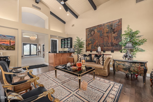 living room with high vaulted ceiling, beam ceiling, dark wood-type flooring, and wood ceiling