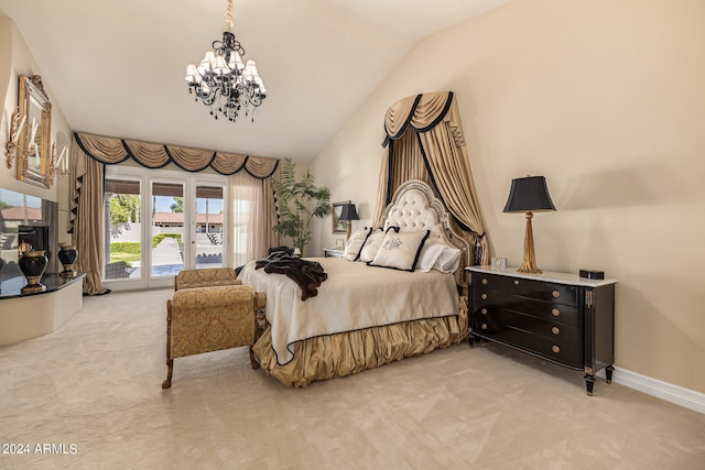 bedroom with lofted ceiling, french doors, light carpet, an inviting chandelier, and access to outside