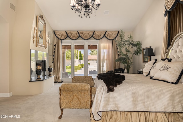 bedroom featuring light colored carpet, lofted ceiling, a chandelier, and access to exterior