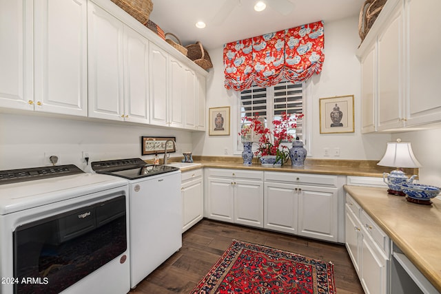 clothes washing area featuring separate washer and dryer, sink, dark hardwood / wood-style floors, and cabinets