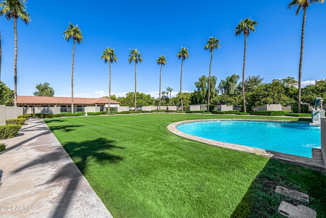 view of swimming pool with a lawn