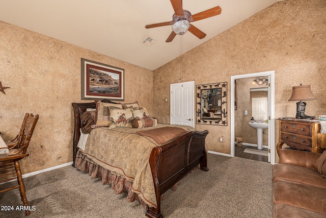 carpeted bedroom with high vaulted ceiling, ensuite bath, sink, and ceiling fan