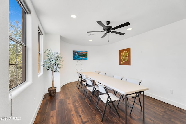 dining area featuring recessed lighting, baseboards, dark wood-style flooring, and a ceiling fan