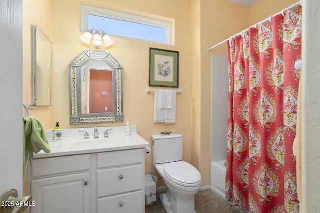 19714 N Concord Dr, Surprise, AZ 85374 - full bathroom with toilet, vanity, tile patterned floors, and shower / bath combo with shower curtain