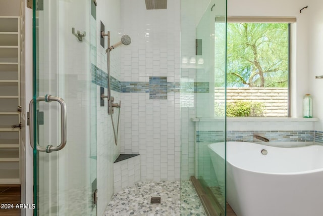 full bath featuring a spacious closet, a stall shower, and a freestanding tub