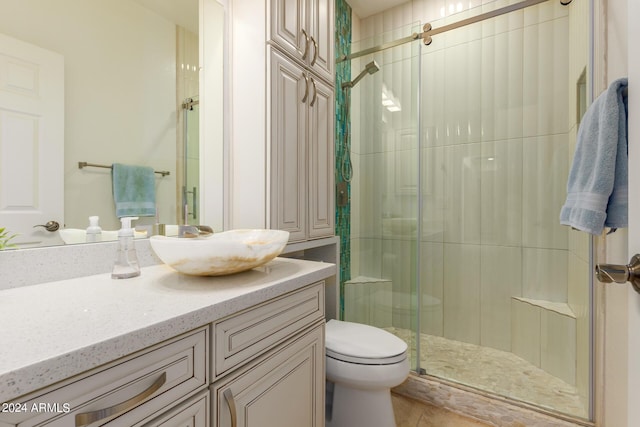 bathroom with a shower stall, toilet, and vanity