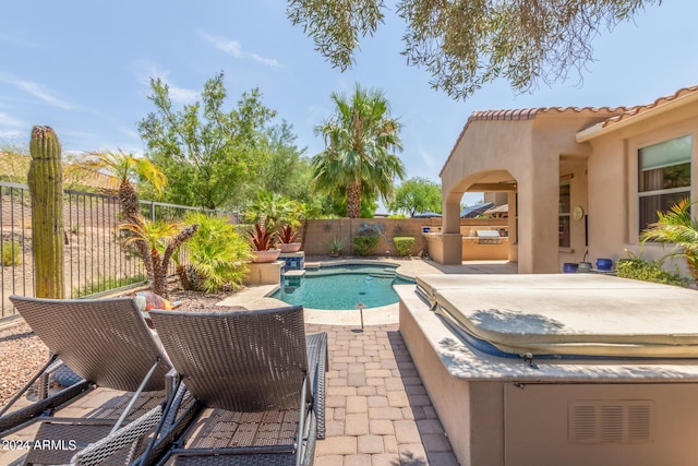 view of pool featuring a patio, area for grilling, a fenced backyard, and a fenced in pool