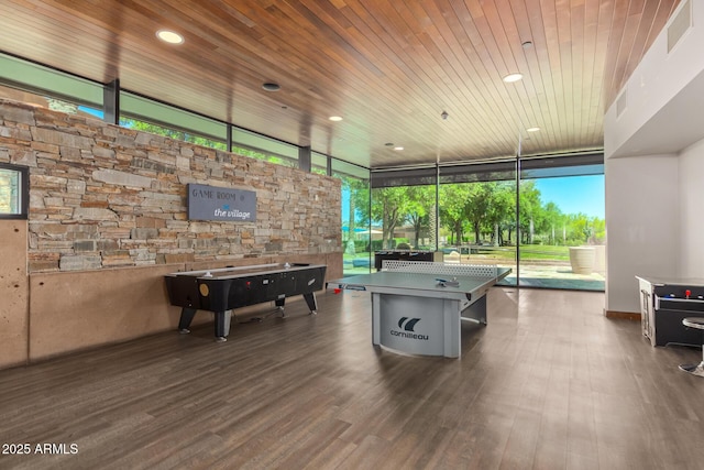 playroom featuring wooden ceiling, visible vents, wood finished floors, and recessed lighting