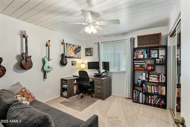 office with wooden ceiling, baseboards, a ceiling fan, and light colored carpet