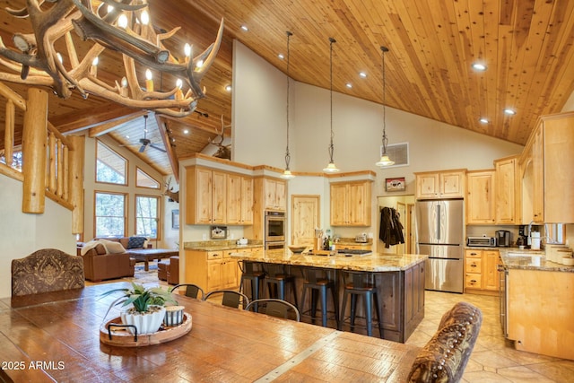 702 Flag Hollow Rd, Pinetop-Lakeside, AZ 85929 - dining area featuring high vaulted ceiling, wood ceiling, and recessed lighting