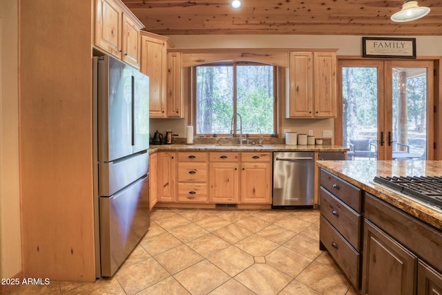 702 Flag Hollow Rd, Pinetop-Lakeside, AZ 85929 - kitchen featuring stainless steel appliances, a sink, wooden ceiling, light brown cabinetry, and french doors