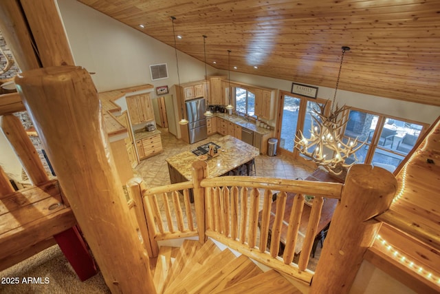 702 Flag Hollow Rd, Pinetop-Lakeside, AZ 85929 - stairs featuring plenty of natural light, a chandelier, wood ceiling, high vaulted ceiling, and recessed lighting