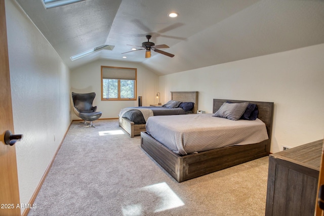 702 Flag Hollow Rd, Pinetop-Lakeside, AZ 85929 - carpeted bedroom with vaulted ceiling, baseboards, and a ceiling fan
