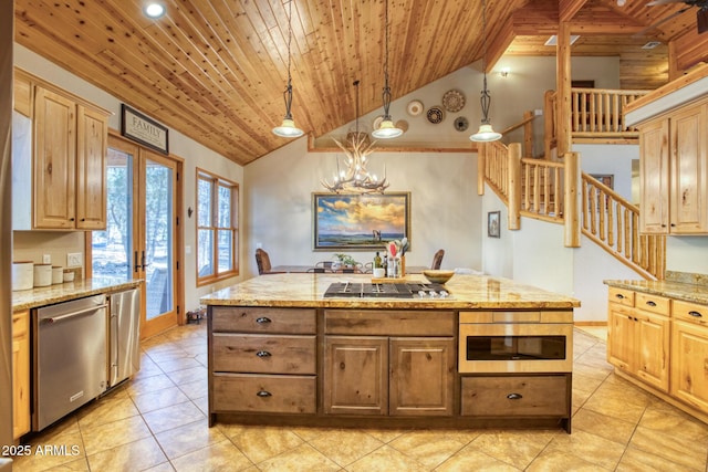 702 Flag Hollow Rd, Pinetop-Lakeside, AZ 85929 - kitchen featuring wooden ceiling, stainless steel appliances, light stone countertops, light tile patterned flooring, and a center island