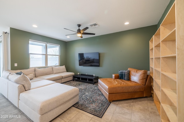 tiled living room with recessed lighting, visible vents, and ceiling fan