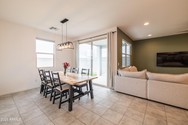 dining area with recessed lighting, visible vents, baseboards, and light tile patterned floors