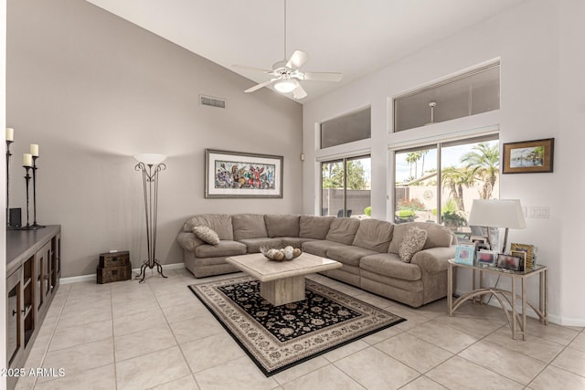 18021 N 53rd St, Scottsdale, AZ 85254 - living room featuring high vaulted ceiling, ceiling fan, baseboards, and light tile patterned flooring