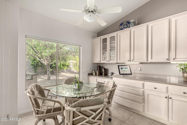 18021 N 53rd St, Scottsdale, AZ 85254 - dining room with vaulted ceiling, light tile patterned floors, and ceiling fan