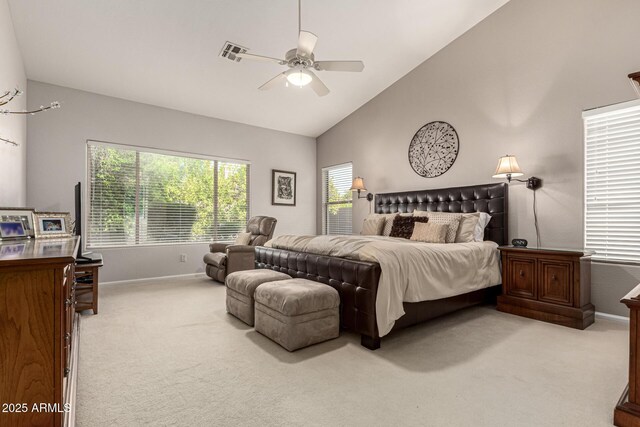 18021 N 53rd St, Scottsdale, AZ 85254 - carpeted bedroom with baseboards, ceiling fan, and high vaulted ceiling
