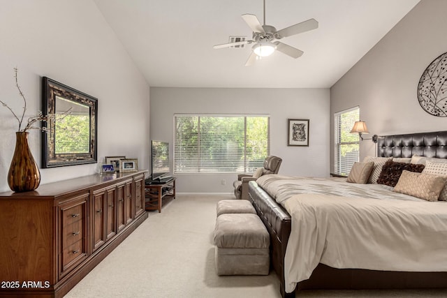 18021 N 53rd St, Scottsdale, AZ 85254 - bedroom featuring vaulted ceiling, light colored carpet, baseboards, and a ceiling fan
