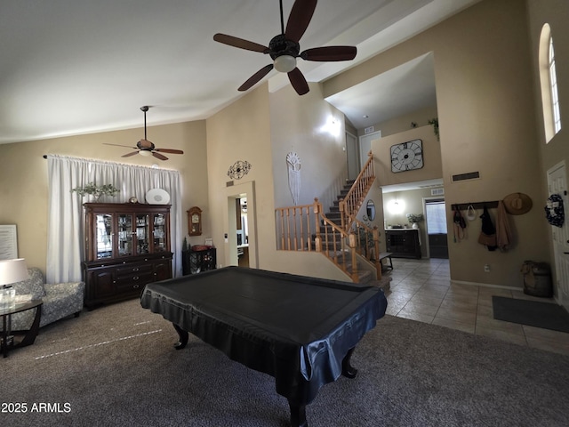 recreation room featuring high vaulted ceiling, tile patterned flooring, a ceiling fan, carpet floors, and billiards