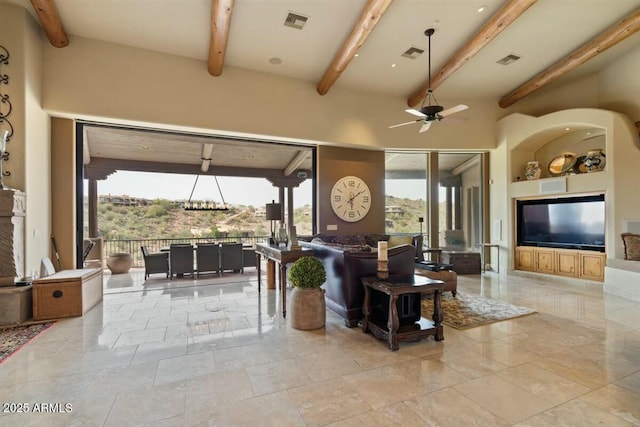 interior space featuring outdoor dining area, visible vents, and a ceiling fan