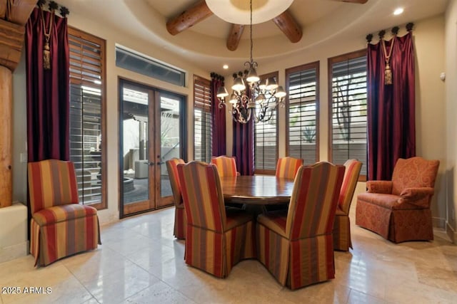 dining area featuring a chandelier, recessed lighting, baseboards, french doors, and beam ceiling