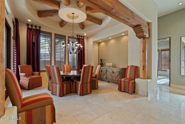 dining room with ceiling fan with notable chandelier, baseboards, beam ceiling, and recessed lighting