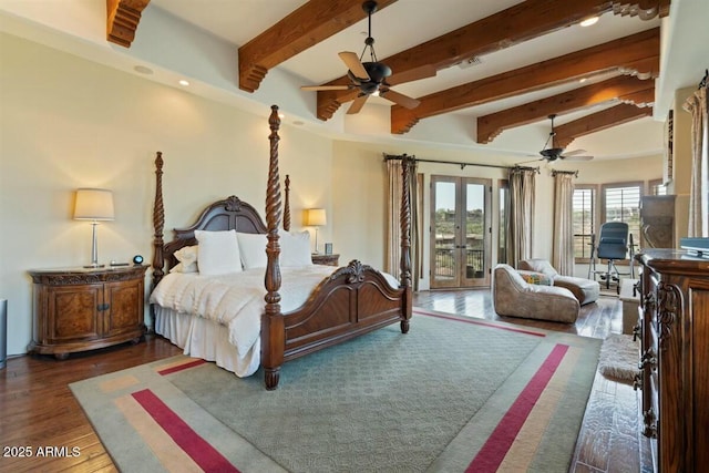 bedroom with access to exterior, french doors, beam ceiling, and wood finished floors